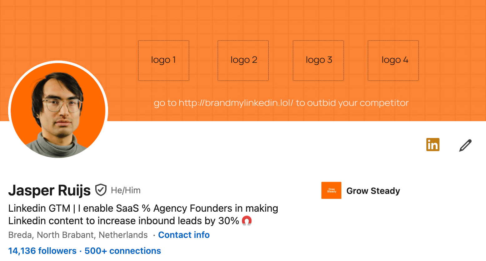 Jasper Ruijs' LinkedIn profile with the four sponsor logo slots on the banner